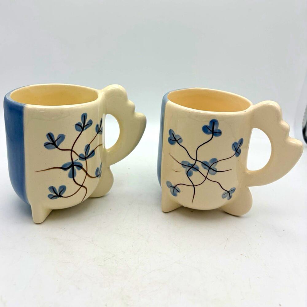 Set of 2 Blue & White Floral Vine Ceramic Coffee Mugs, Sculpted Handles 8 oz
